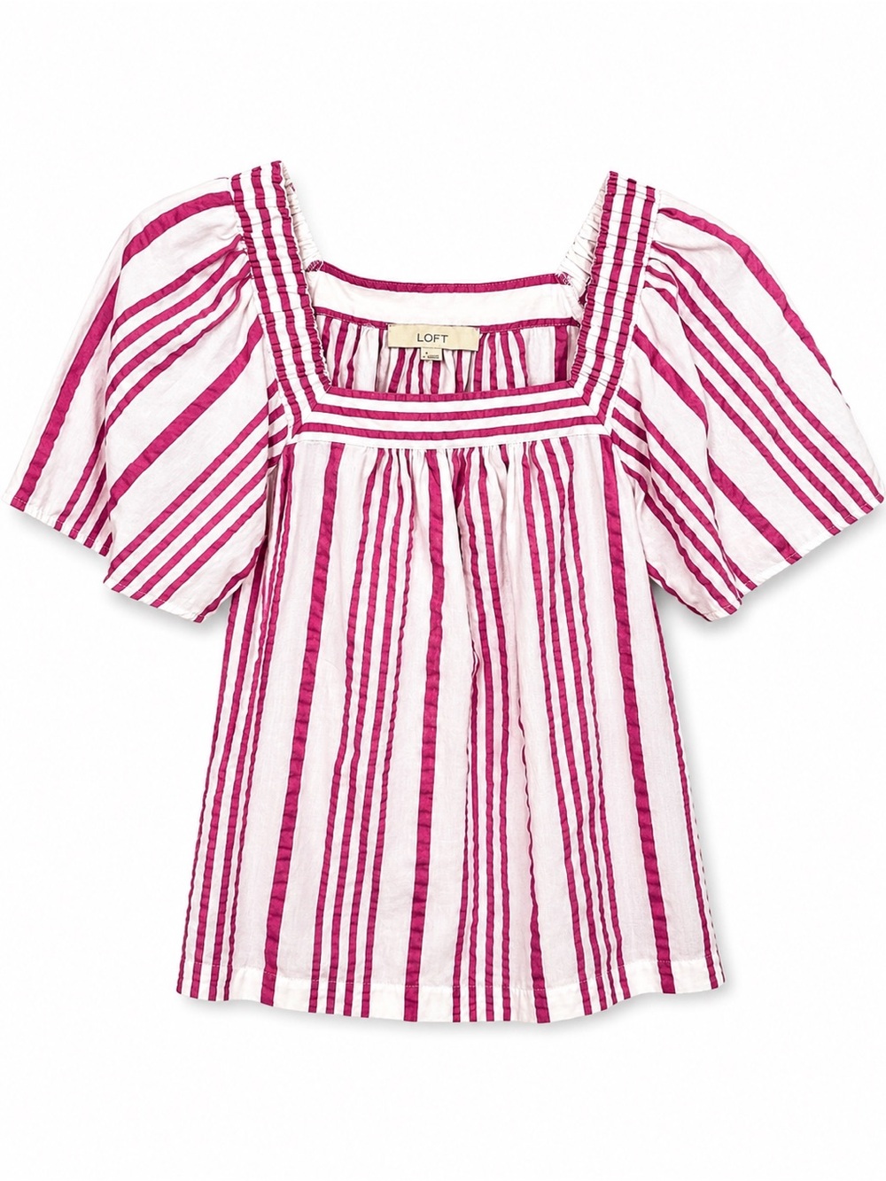 LOFT Pink & White Striped Square Neck Puff Sleeve Blouse | XS